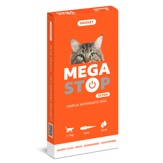 Megastop Ultra spot-on for cats from 4 to 8 kg, 4 pipettes of 0,8 ml