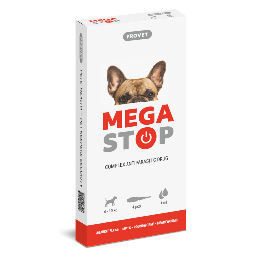 Megastop spot-on for dogs of 4 to 10 kg, 4 pipettes of 1,0 ml