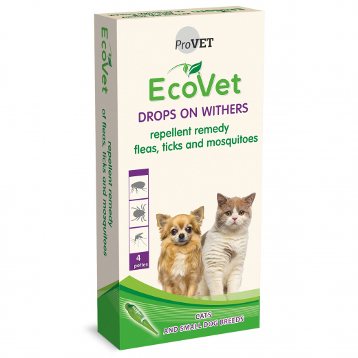 EcoVet repellent drops on the withers against flea and ticks for cats and dogs of small breed, 4 pipettes of 0,5 ml